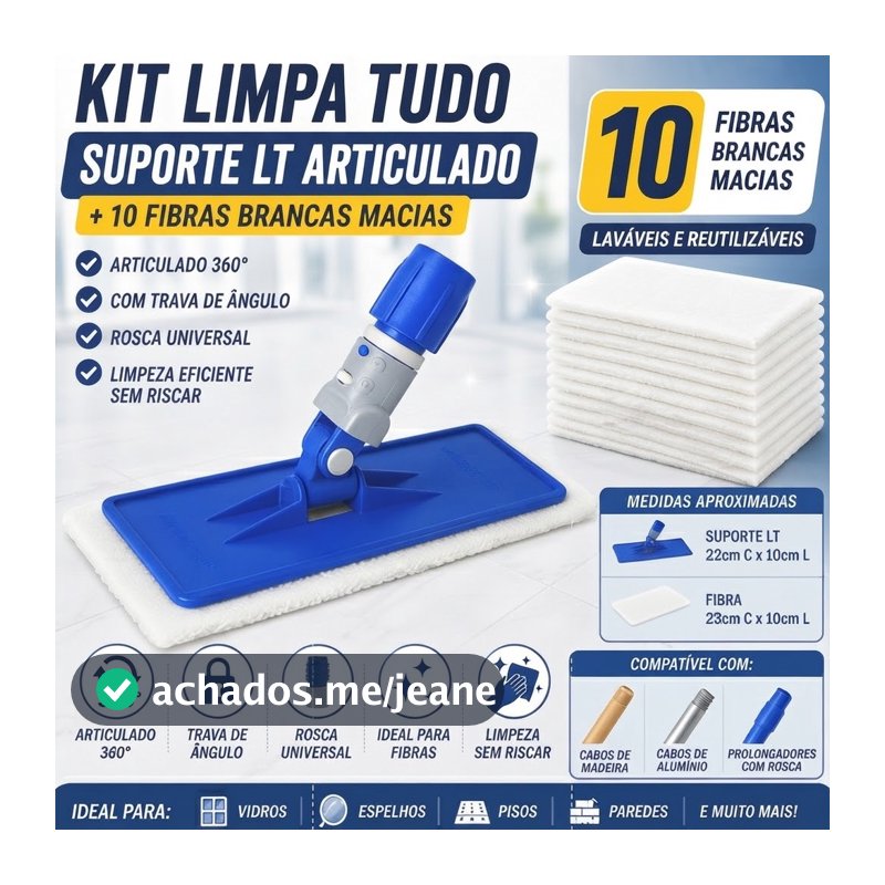 Kit Suporte LT Articulado Bralimpia Limpa Tudo Vidros Espelhos Com 10 Fibras Brancas Macias