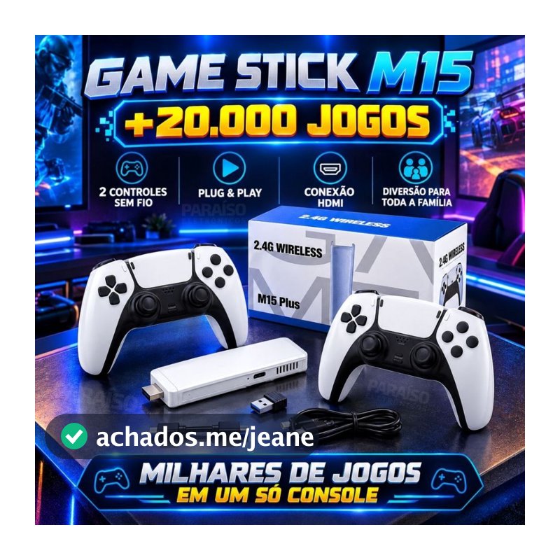 Game Stick M15 Plus +20mil Jogos Portátil 4k 64gb HDMI Vídeo Game Milhares Jogos Clássicos com 2 Controles Sem Fio