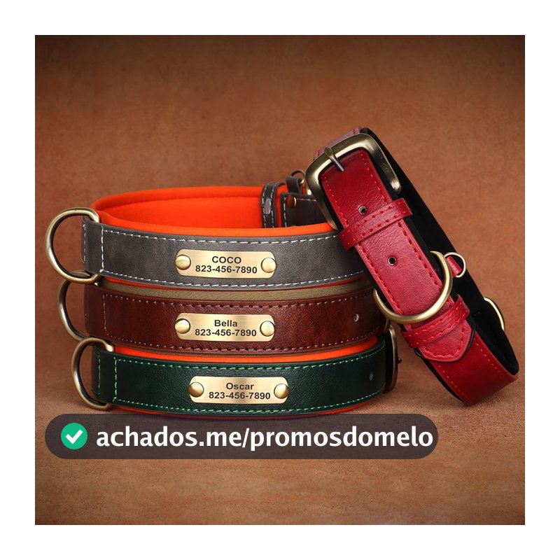 Coleira Personalizada Para Cães De Couro Acolchoada Macia Pequenos , Médios E Grandes Com Placa De Identificação Gravada Livre Anti-Perda