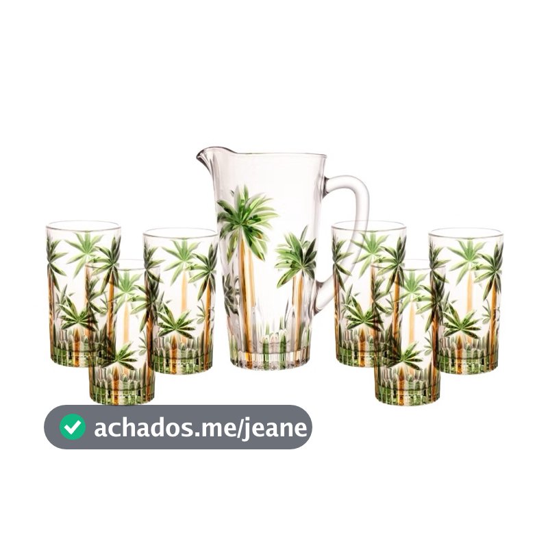 Conjunto Jarra 1,2L com 6 Copos 360ml Vidro Cristal Luxo Palm Tree Para Suco