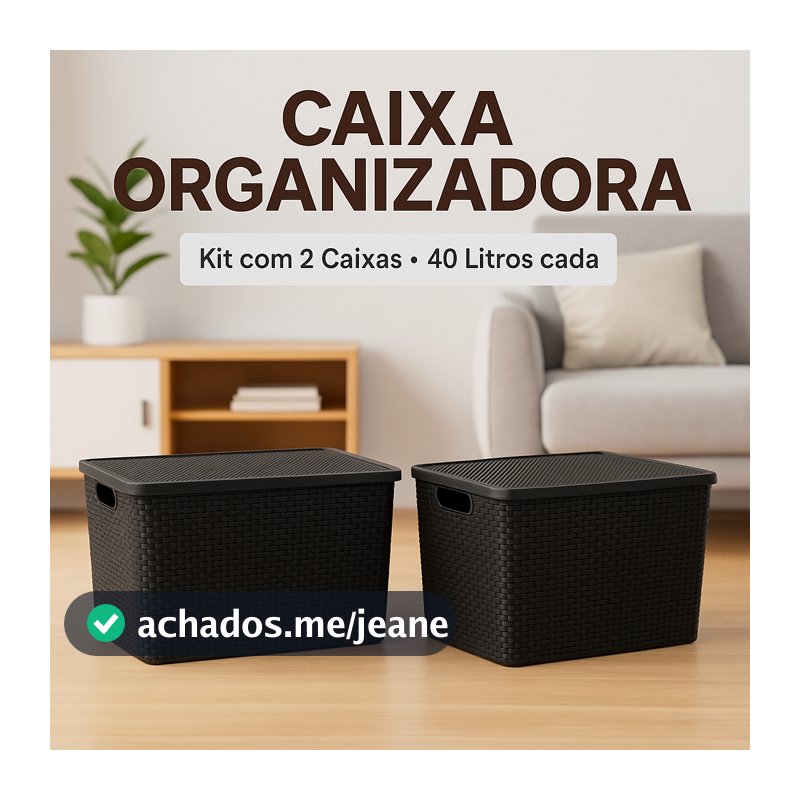 Kit 2 Caixas Cesto Organizadoras Rattan 40 Litros Com Tampa Preta  Organizador Armário
