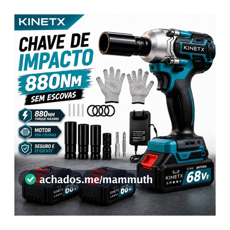 Chave de Impacto KINETX Sem Escova 68VF 880Nm 2 Baterias Com Acessórios Completos 3 e 1 Furadeira e Chave Inglesa Bivolt