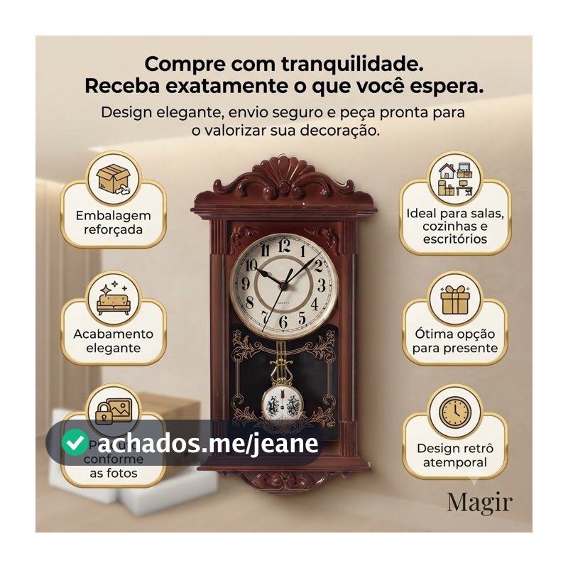 Relógio Analógico De Parede Rústico Lindo Pêndulo Ativo 38cm Cor Da Estrutura Rustica