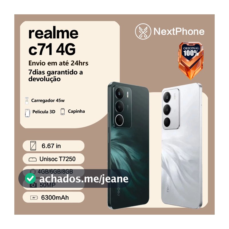 Realme C71 NFC 4G, Tela 6,67" 120Hz, Câmera 50MP, Bateria 6300mAh com Carga Rápida, Versão Global