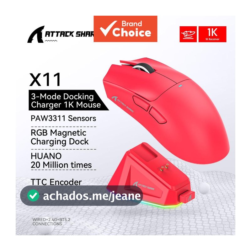 Mouse Gamer Attack Shark X11 Leve, PAW3311, 3 modos (sem fio/Bluetooth/com fio), RGB底部, recarregável