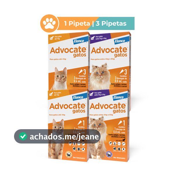 Advocate para Gatos Até 4kg ou de 4 à 8kg 1 ou 3 Pipetas Antiparasitário Elanco