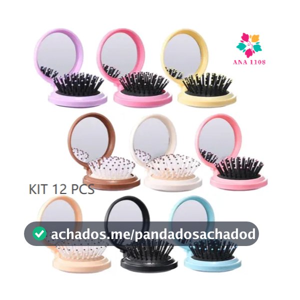 ANA1108 KIT 12 Pcs Mini Escova de Cabelo Dobrável Com Espelho-Portátil e Perfeita Para Bolsa