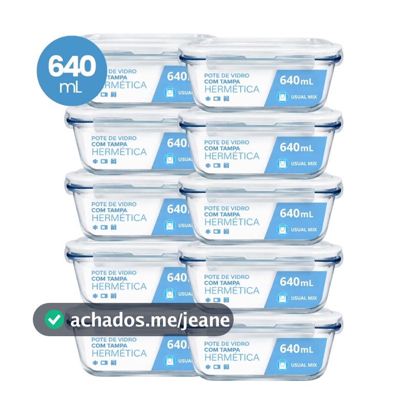 Kit 10 Pote Vidro Hermético Marmita 640ml Micro-ondas Freezer Forno Organização Geladeira
