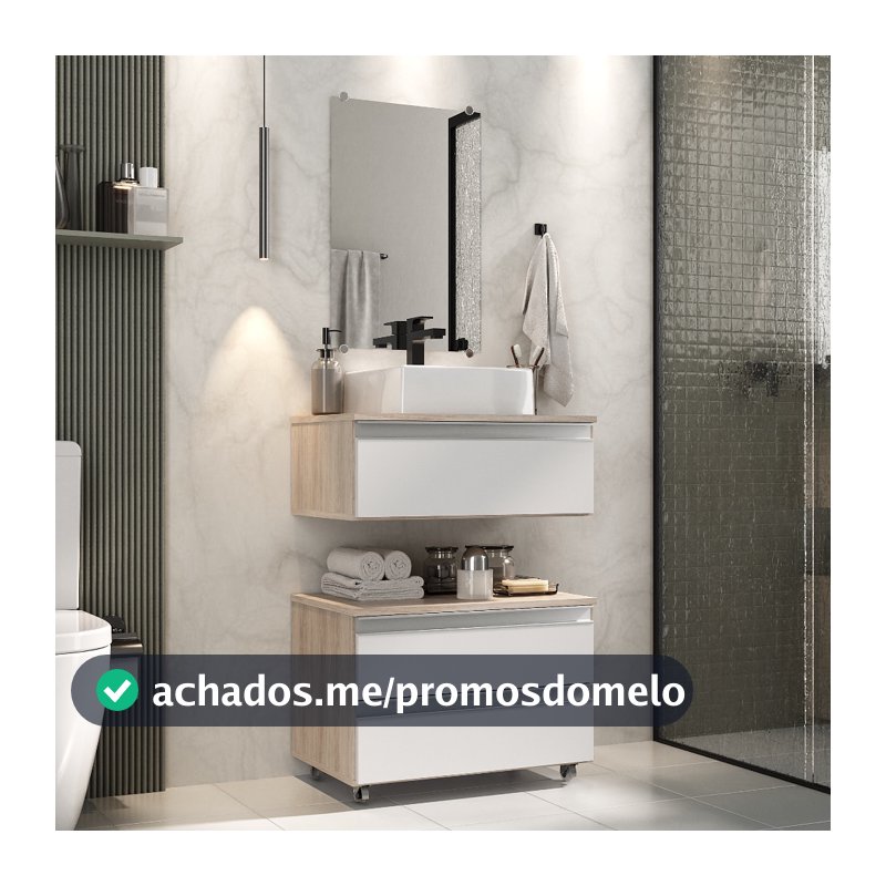 Conjunto Gabinete Banheiro Creta 60cm com Cuba e Espelho Gaveteiro com Rodízios MDF