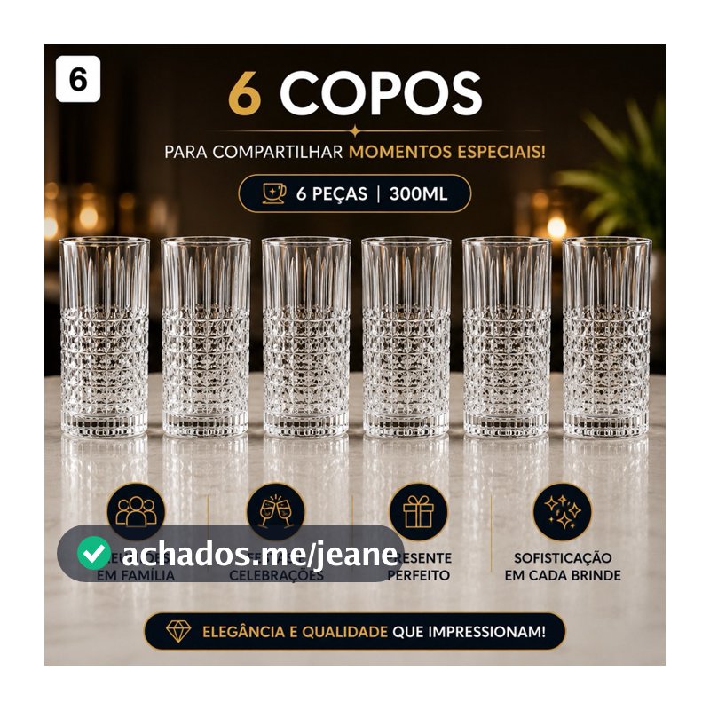 Jogo de 6 Copos de Vidro 300ml Cristal Geométrico Premium para Água Suco Refrigerante