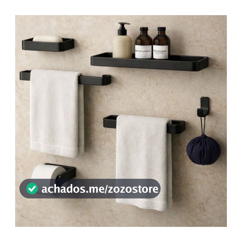 Kit Acessórios Para Banheiro Lavabo 6 Peças Toalheiro Inox Premium Suporte Parede Luxo Preto Cromado