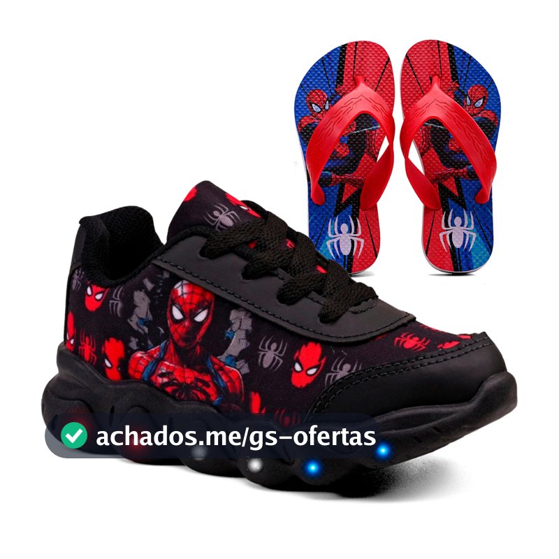 Kit Tênis Infantil Menino Aranha Com Led + Chinelo Infantil
