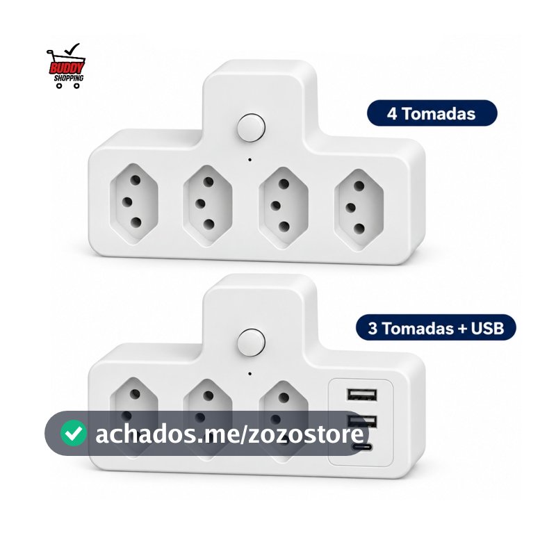 Adaptador de Tomada Benjamin Knup 10A com Interruptor Branco 4 Tomadas ou 3 Tomadas com USB e USB-C