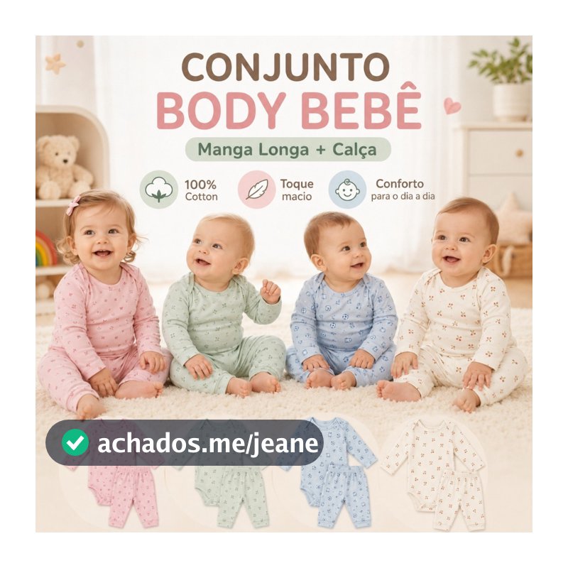 Conjunto Body Bebê Manga Longa 100% Cotton com Calça Estampado Menino Menina