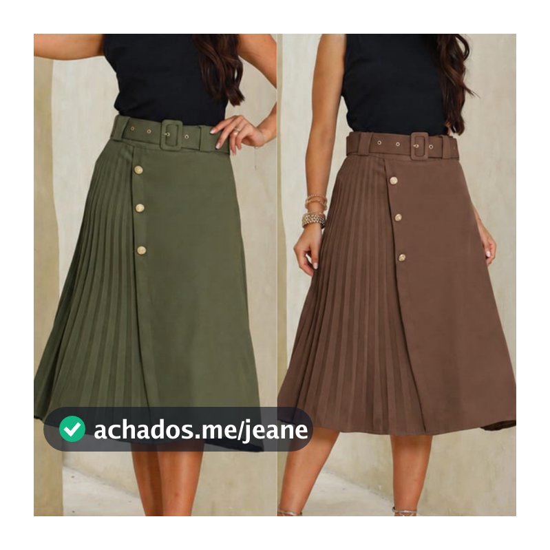 Saia Alfaiataria Feminina Plissada Cintura Alta com Cinto Forrado e Botões Dourados Social Elegante
