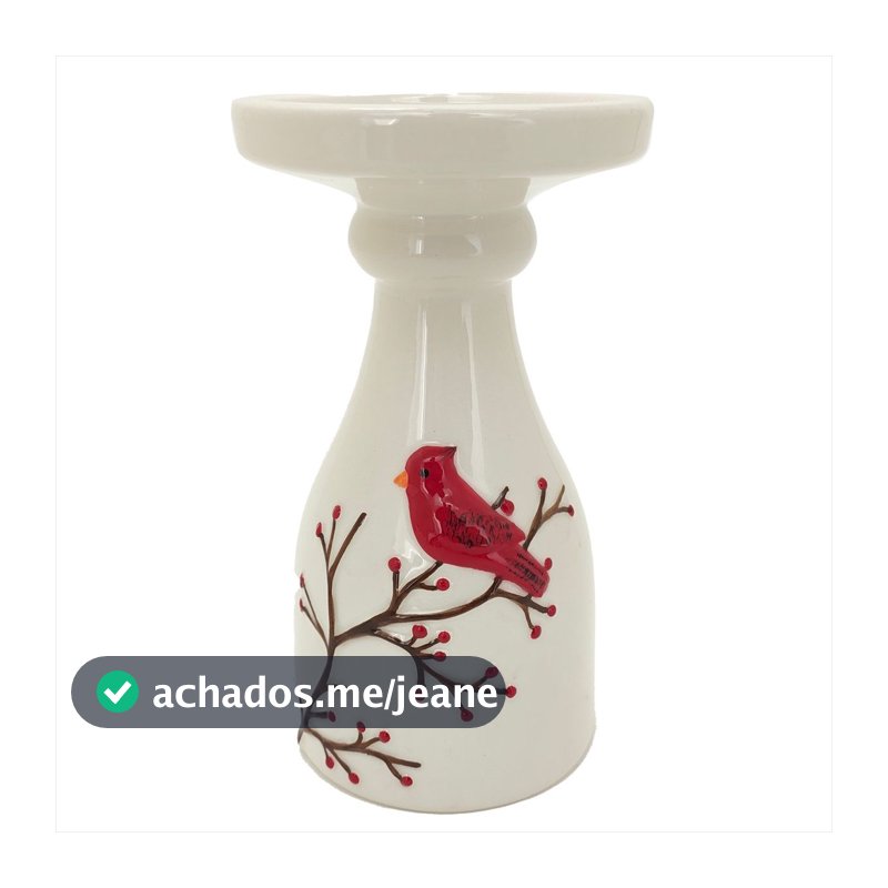 Porta Velas Pássaro Vermelho Cerâmica Enfeite Mesa Posta Natal 16cm