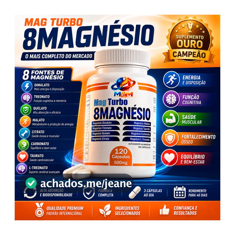 Magnésio 8 Mag Turbo 500mg 60 e 120 Cápsulas mais Completo dimalato quelato l treonato bisglicinato