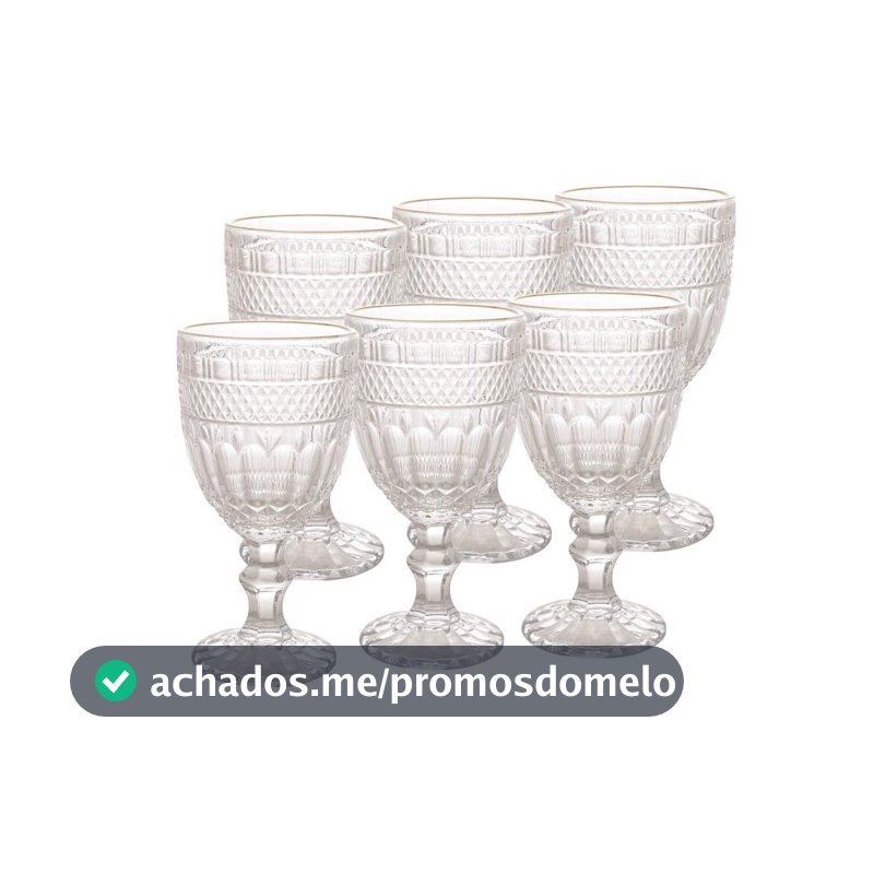 Jogo 6 Taças de Agua Wolff Brand 320ml Vidro com Fio Dourado para Mesa Posta Jantar Café Receber Convidados e Decoração