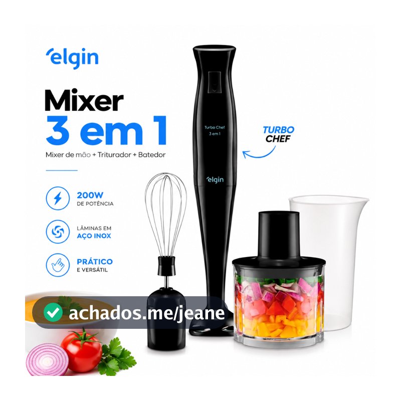 Mixer 3 em 1 Elgin Turbo Chef 200W Preto Mixer de Mão com Triturador e Batedor 3 peças