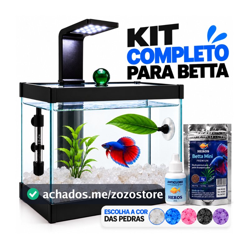 Aquário Completo Beteira - Aquário + Luminária + Decorações+ Ração e Anticloro Betta + Aquecedor Opcional