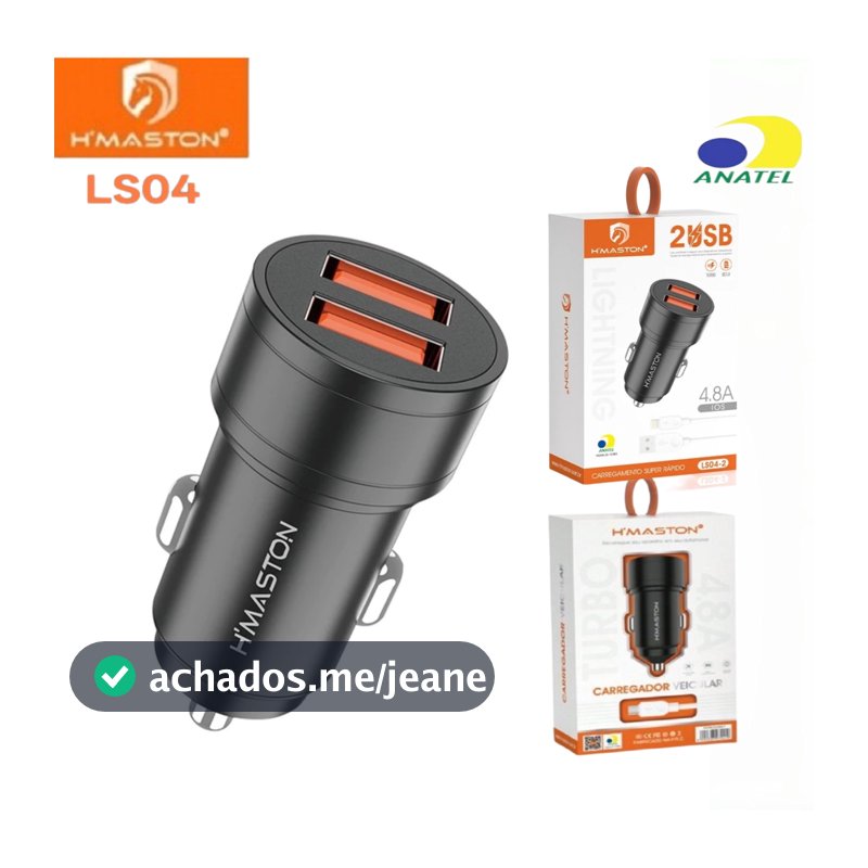 Carregador Veicular para Celular Turbo 2 Saídas USB 4.8A Carga Rápida com Cabo H'maston LS04
