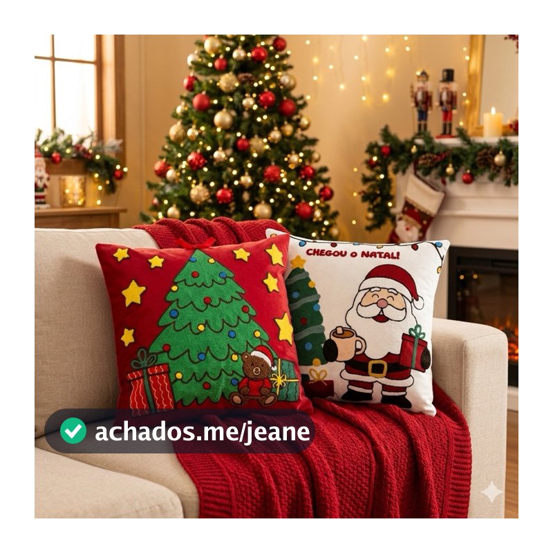 Capa de Almofada Bordada 45cm de Natal Premium Tecido Aveludado Decoração de Sala Sofá e Poltrona
