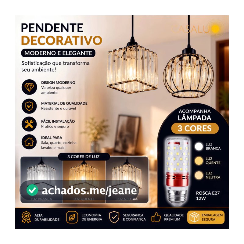 Luminária Pendente Lustre Preto Luxo Bocal E27 Acompanha LED 3500K 4500K 6500K 3 Em 1 12W Para Canto