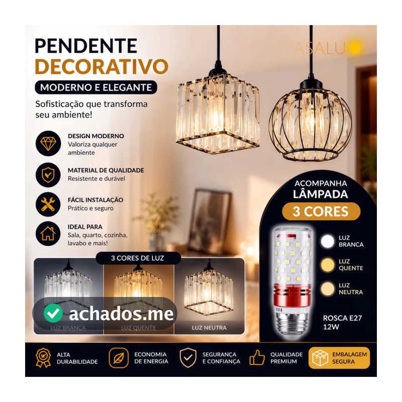 Luminária Pendente Lustre Preto Luxo Bocal E27 Acompanha LED 3500K 4500K 6500K 3 Em 1 12W Para Canto