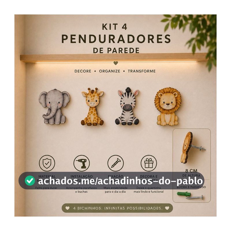 kit 4 unidades de Gancho Boho Infantil de Bichinhos Safari em MDF – Pendurador Decorativo – Infantil – Selva – Cabideiro