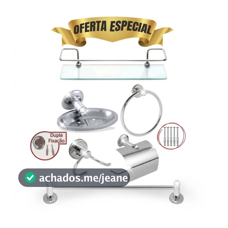Kit Acessórios 5 Peças Inox Banheiro + Porta Shampoo Reto Incolor Suporte Prateleira Organizador
