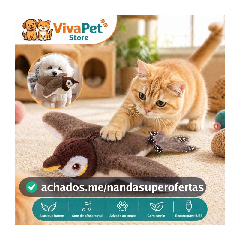 Brinquedo Interativo para Gato Pássaro Eletrônico com Som e Movimento USB Recarregável com Catnip