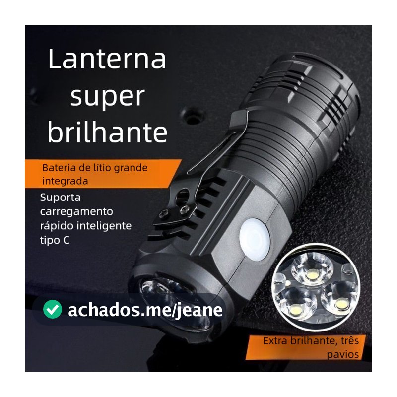 Mini lanterna com longo alcance, feixe de luz potente, portátil, bateria de longa duração e três luzes frontais