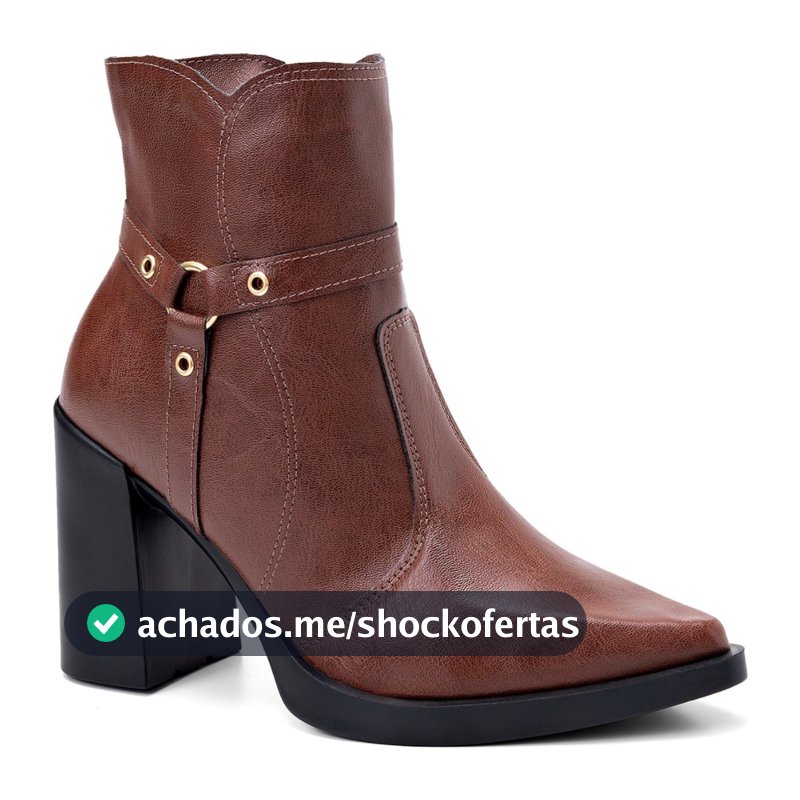 Bota Feminina Lumiss Cano Curto Salto Alto Bloco Bico Fino Passante Rebite