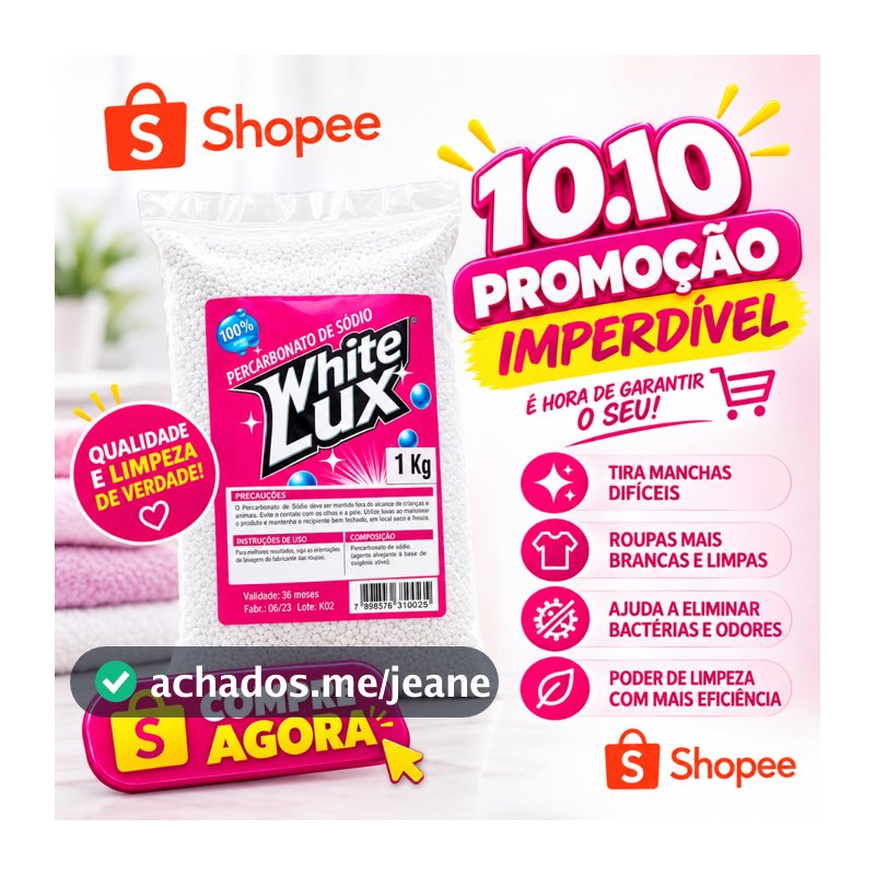Percarbonato de Sódio Whitelux 100% Puro Alvejante Sem Cloro Tira Manchas Branqueador clareia limpa