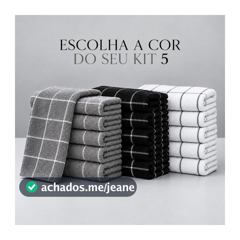 Kit 5 Panos de Prato Xadrez Preto Branco ou Cinza 45x65cm 100% Algodão 90g Macio Premium Chef