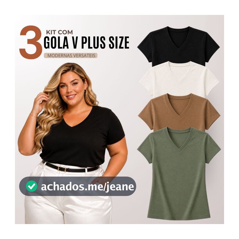 Kit 3 Blusas Feminina Plus Size Gola V Básica Casual - H00