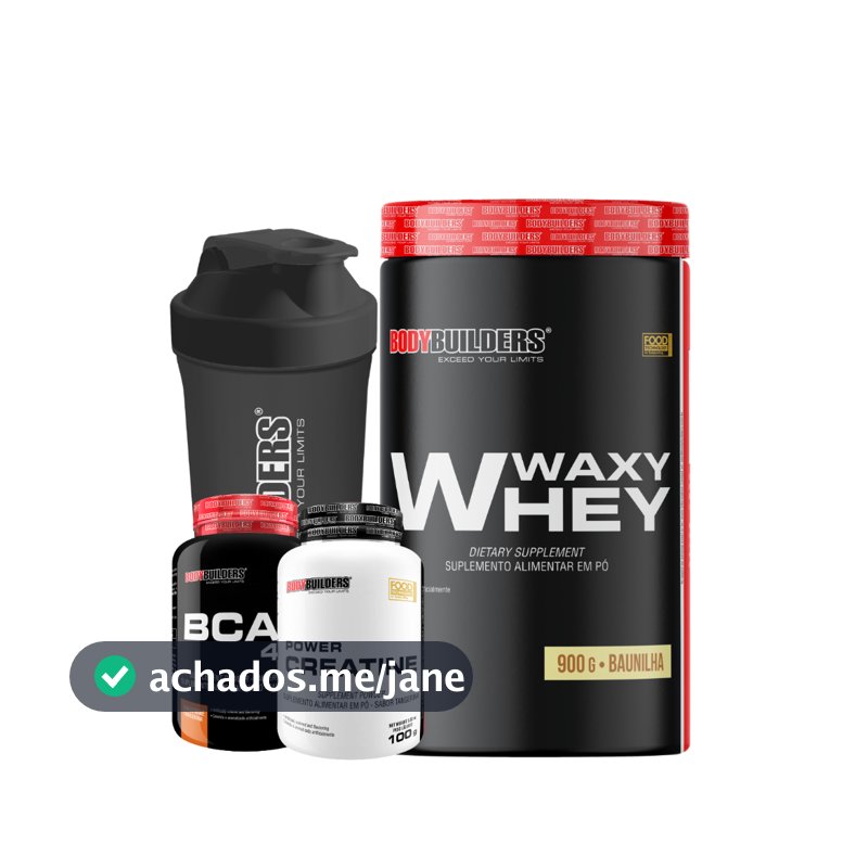 Kit Waxy Whey 900g + BCAA 4,5g 100g + Power Creatina 100g + Coqueteleira 600ml - Bodybuilders