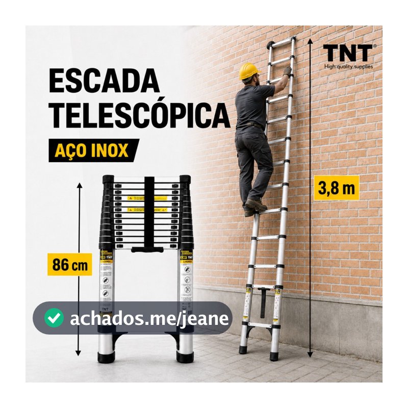 Escada Telescópica TNT Aço Inox (3,2m/3,8m) Retrátil, Fácil de Guardar, Portátil, Extensível