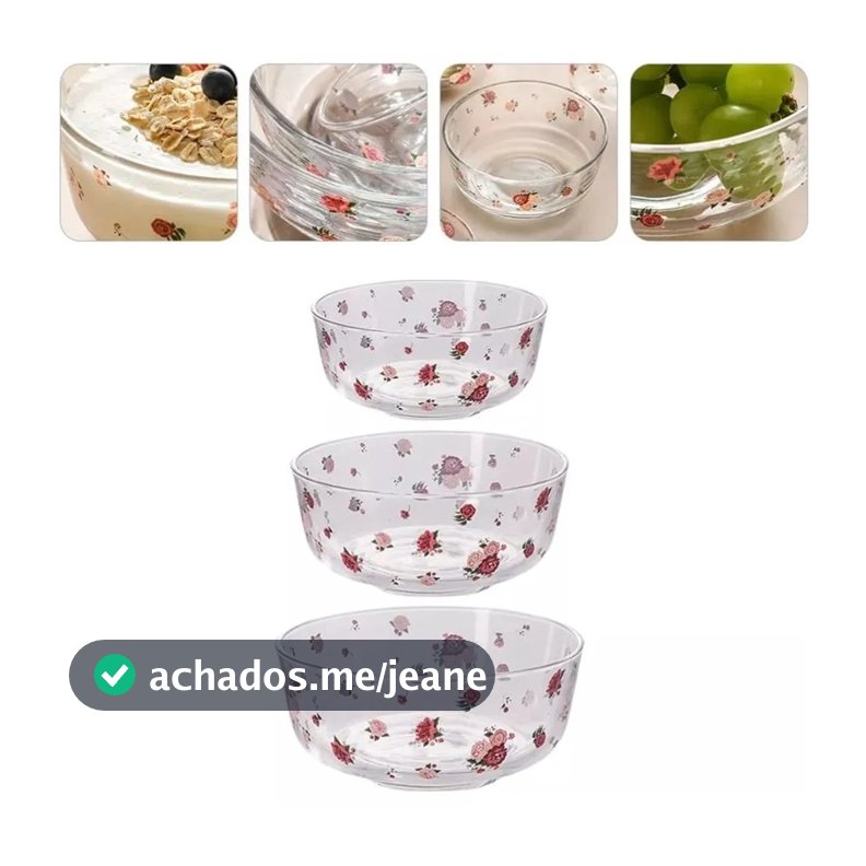Jogo de Tigelas de Vidro com Estampa de Flores – 3 Peças - 300ml / 580ml / 1200ml - Cozinha