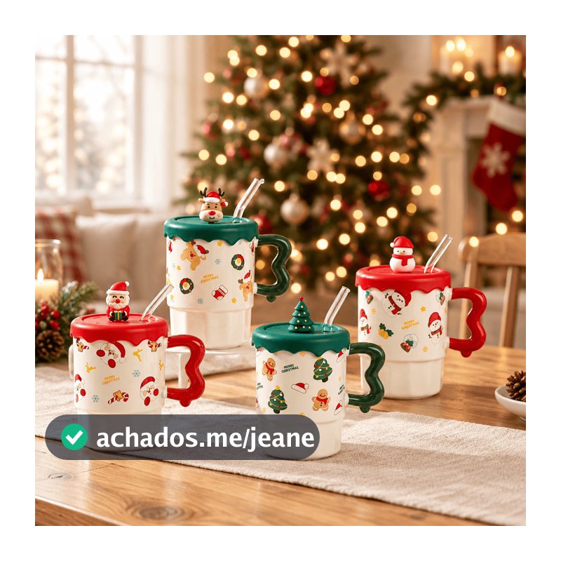 Caneca Natalina 480ml Cerâmica Com Tampa e Canudo Natal