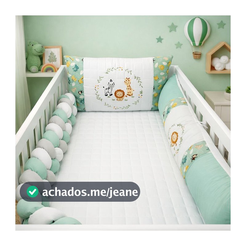 Kit Berço Menino Verde Com Trança 9 peças - Som da Floresta - Safari - Bordado - Algodão - BRINDE BABADO DE BERÇO