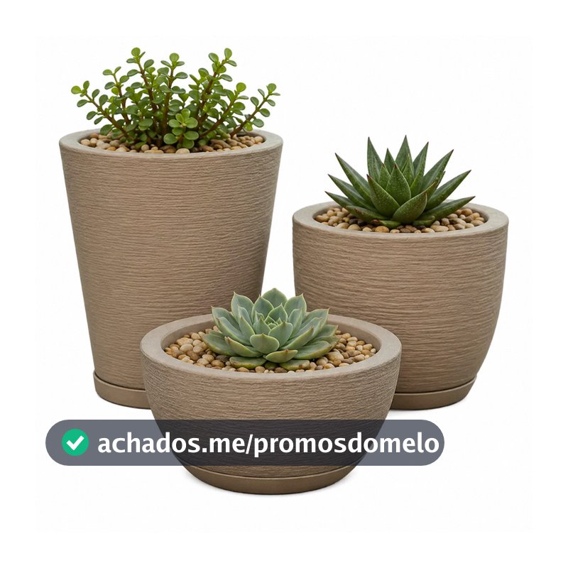 Kit Com 3 Vasos Decorativo de Planta Escovado Polietileno Com Prato Cone + Bojo + Bacia