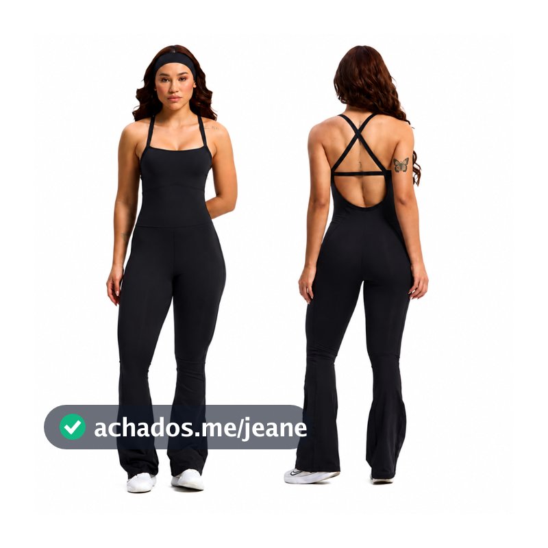 Macacão Feminino Fitness Flare Preto com Alças Cruzadas nas Costas Academia e Casual