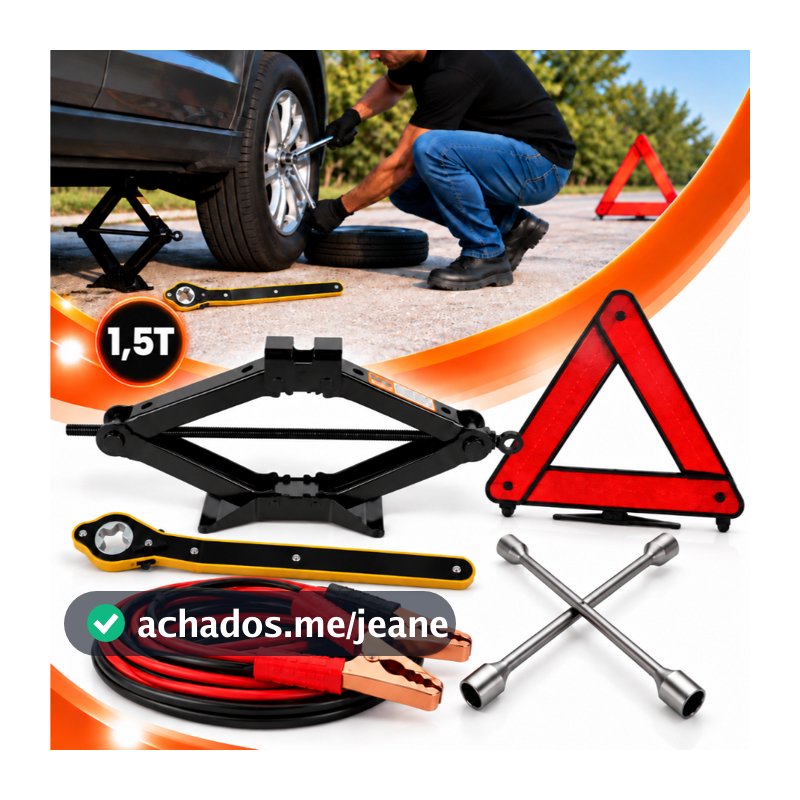 Kit Estepe Macaco Com Chave Catraca 1,5T Chave De Roda + Triangulo Sinalizador + Cabo Chupeta