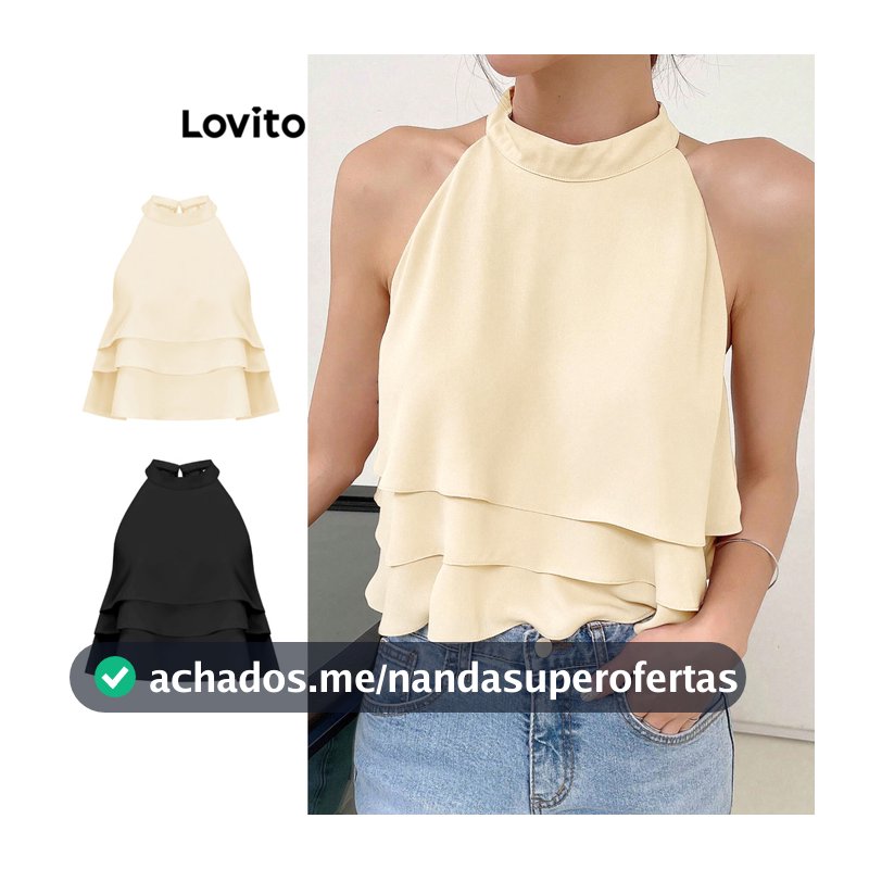 Lovito Casual Regata Com Camada Lisa Em Camadas Para Mulheres L71ED061 (Caqui Claro/Preto)