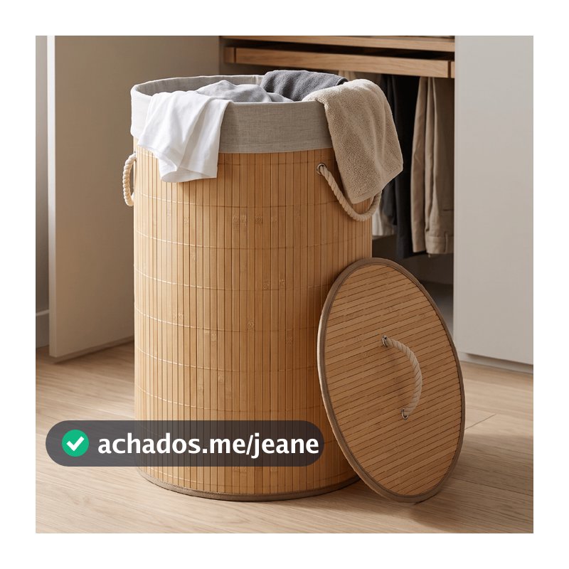 Cesto De Roupa Suja Bambu Dobrável Redondo 57L Grande Organizador Forrado Tampa Alças Banheiro Lavanderia Multiuso