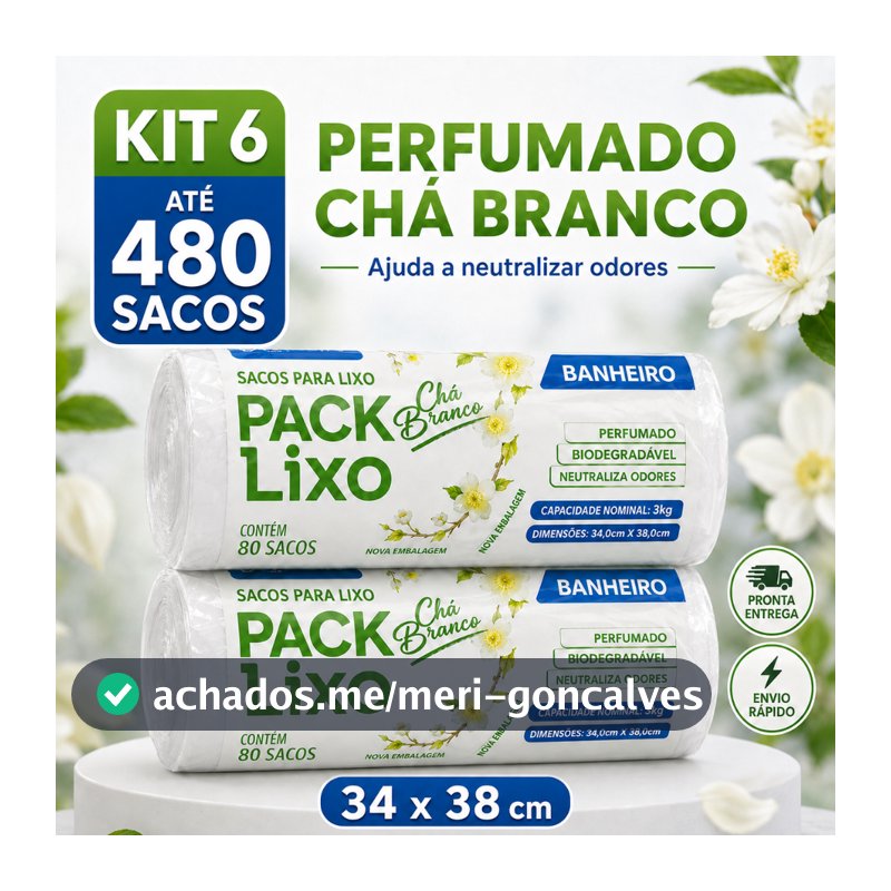 Sacos de Lixo Perfumado Chá Branco Kit Para Pia e Banheiro 34x38cm Neutraliza Odores 10L Cheiroso