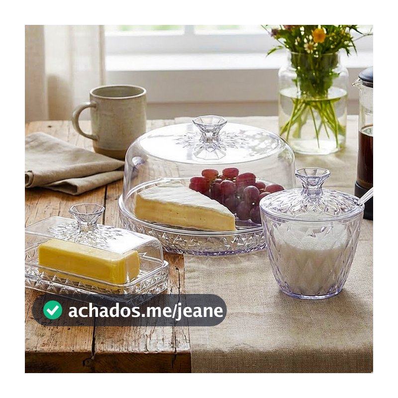 Kit com 3 Itens Mesa Posta Glamour Queijeira Manteigueira e Açucareiro Acrílico Plasútil