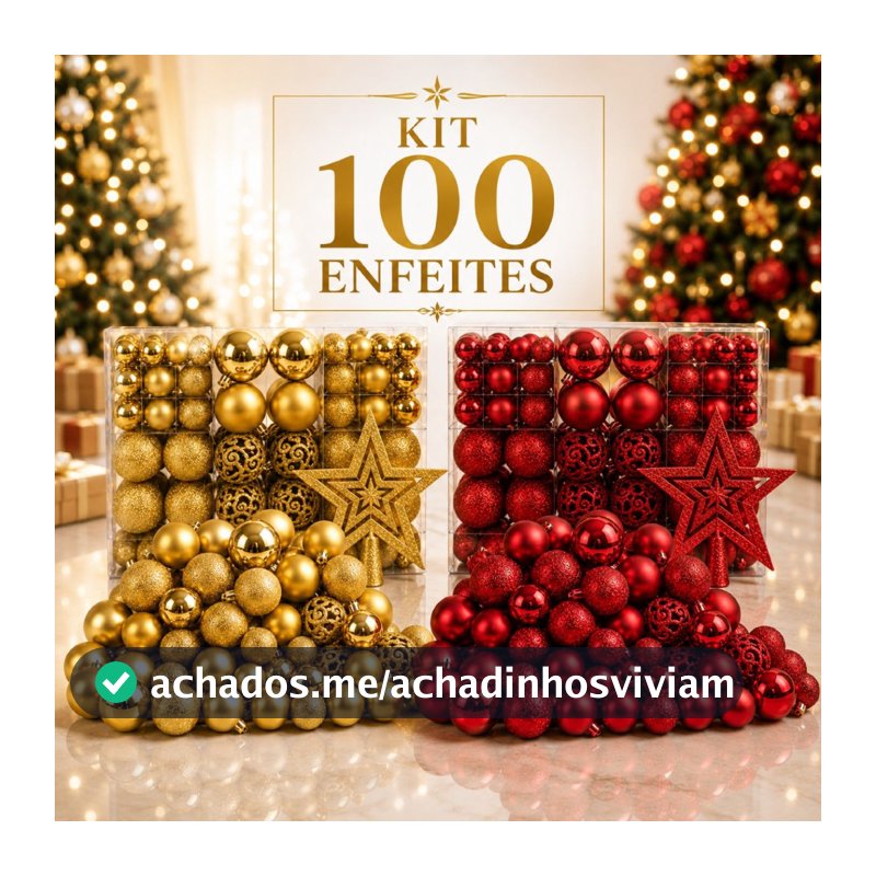 Kit 100 Bolas +1 Estrela Pendentes Árvore Natal Decoração Enfeites Bolinhas Premium Lisas/Glitter/Fosca Vermelho/Dourado