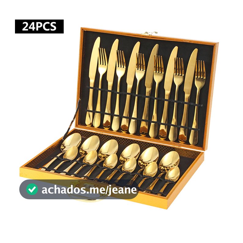 Kit Faqueiro Talheres Com Maleta 24 Peças Em Inox C/ Dourado